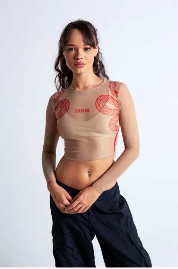 Snake mesh cropped - Nude and red