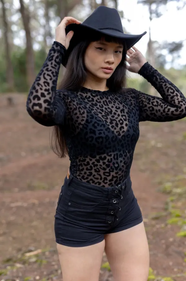 Leopard mesh bodysuit - black