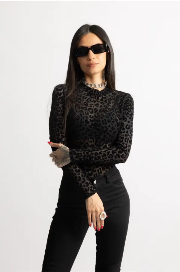 Alternative view of Leopard mesh bodysuit - black