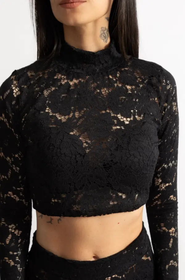 Alternative view of Floral lace croptop - Black